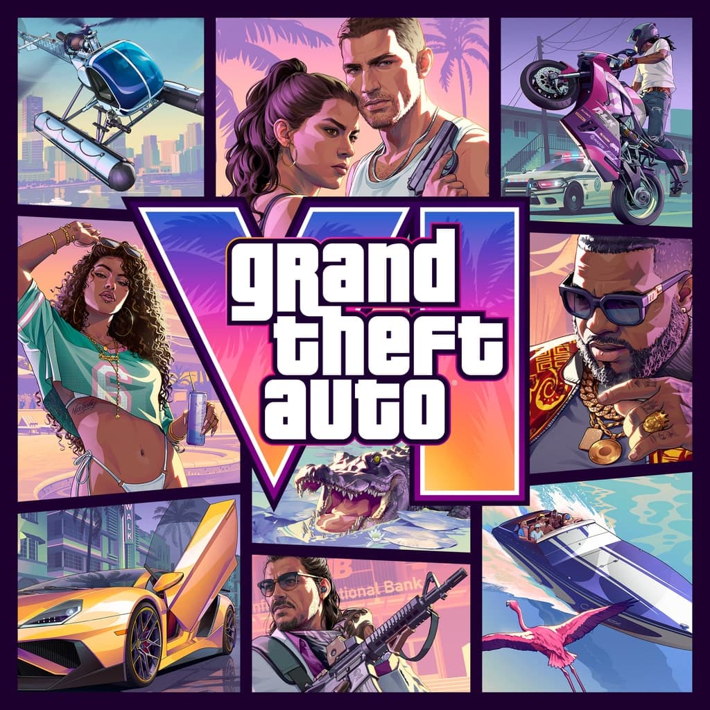 Portada de Grand Theft Auto VI edición Standard: el mosaico de viñetas de Leonida con Jason y Lucía y el logotipo en el centro.