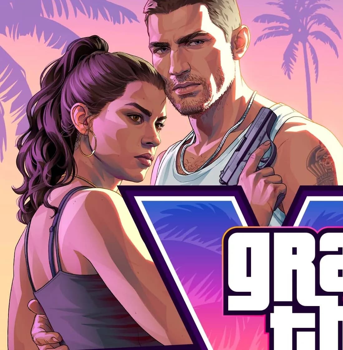 Jason y Lucía, abrazados y con una pistola, bajo las palmeras de Leonida en el arte oficial de Grand Theft Auto VI.