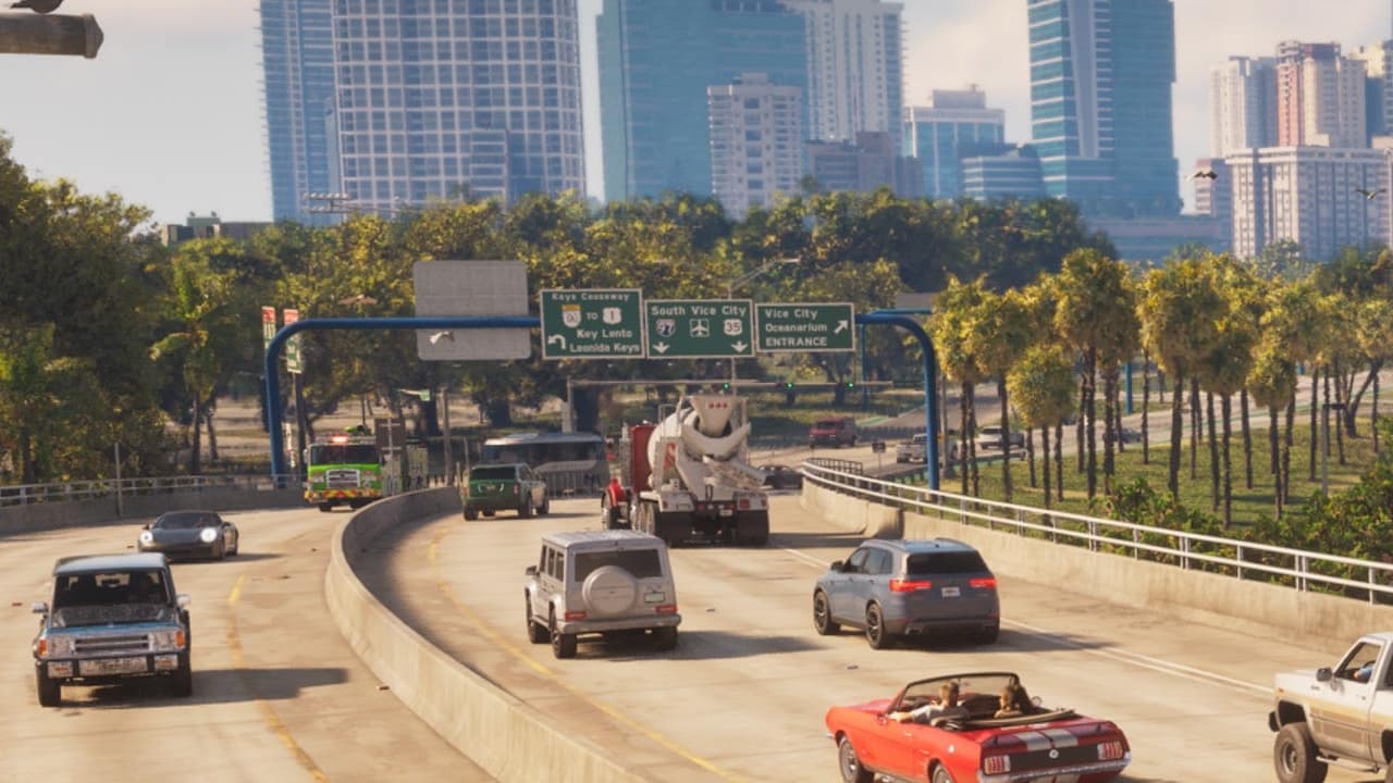 Interstate 397 gantry with signs to Key Lento, South Vice City and the Oceanarium