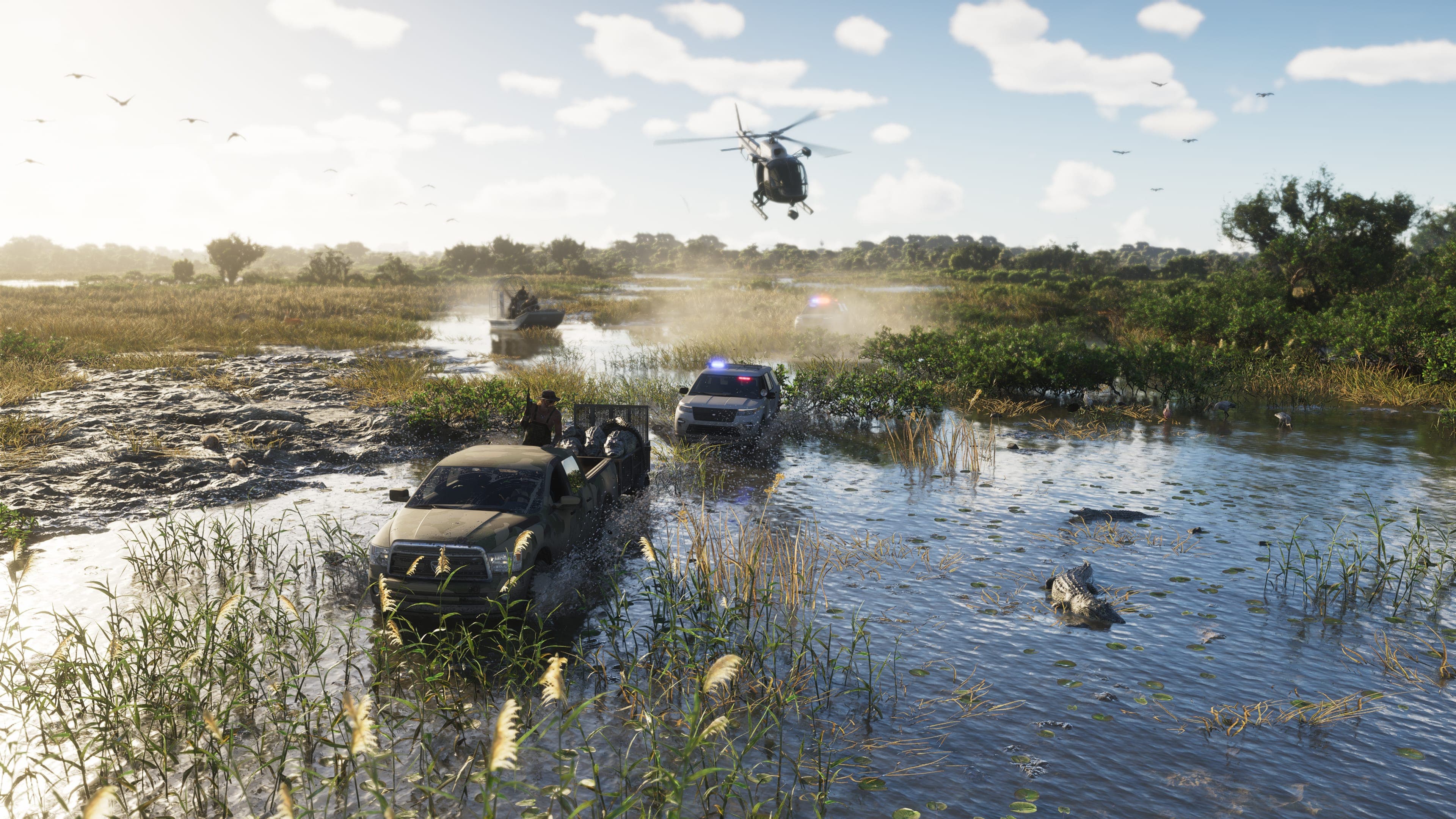 Captura oficial de GTA VI en Grassrivers: un hidrodeslizador y un todoterreno atraviesan una marisma mientras un helicóptero sobrevuela la zona.