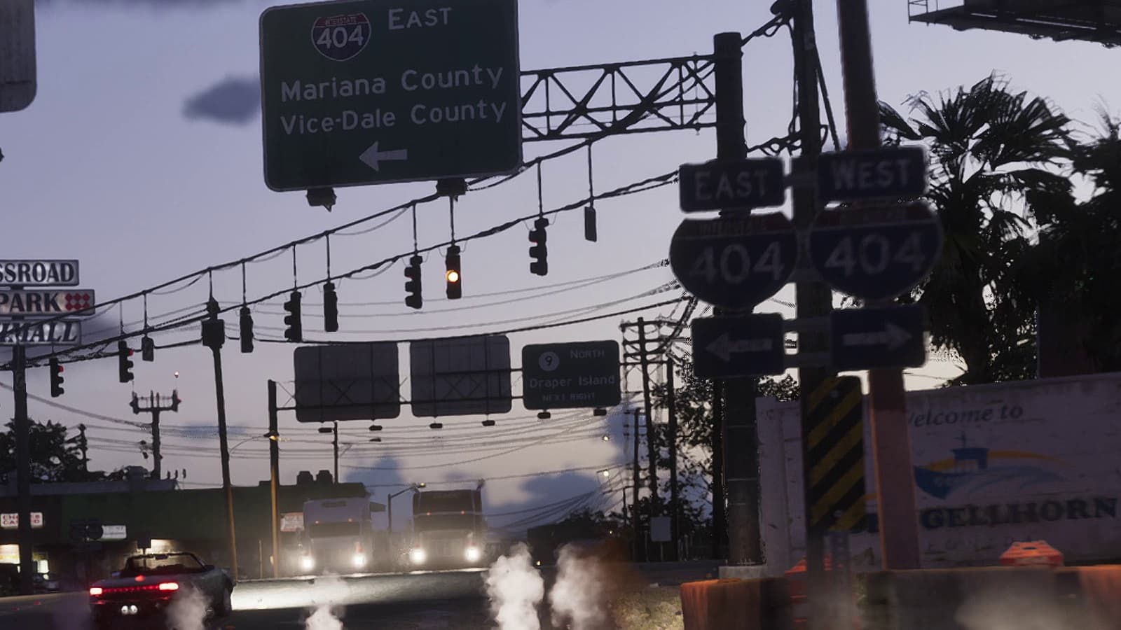 Route 9 North sign to Draper Island at a Port Gellhorn junction at dusk
