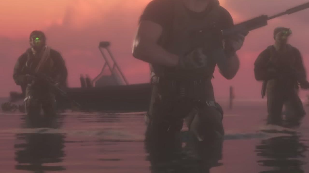 A dark boat behind three armed men wading through a swamp at dusk