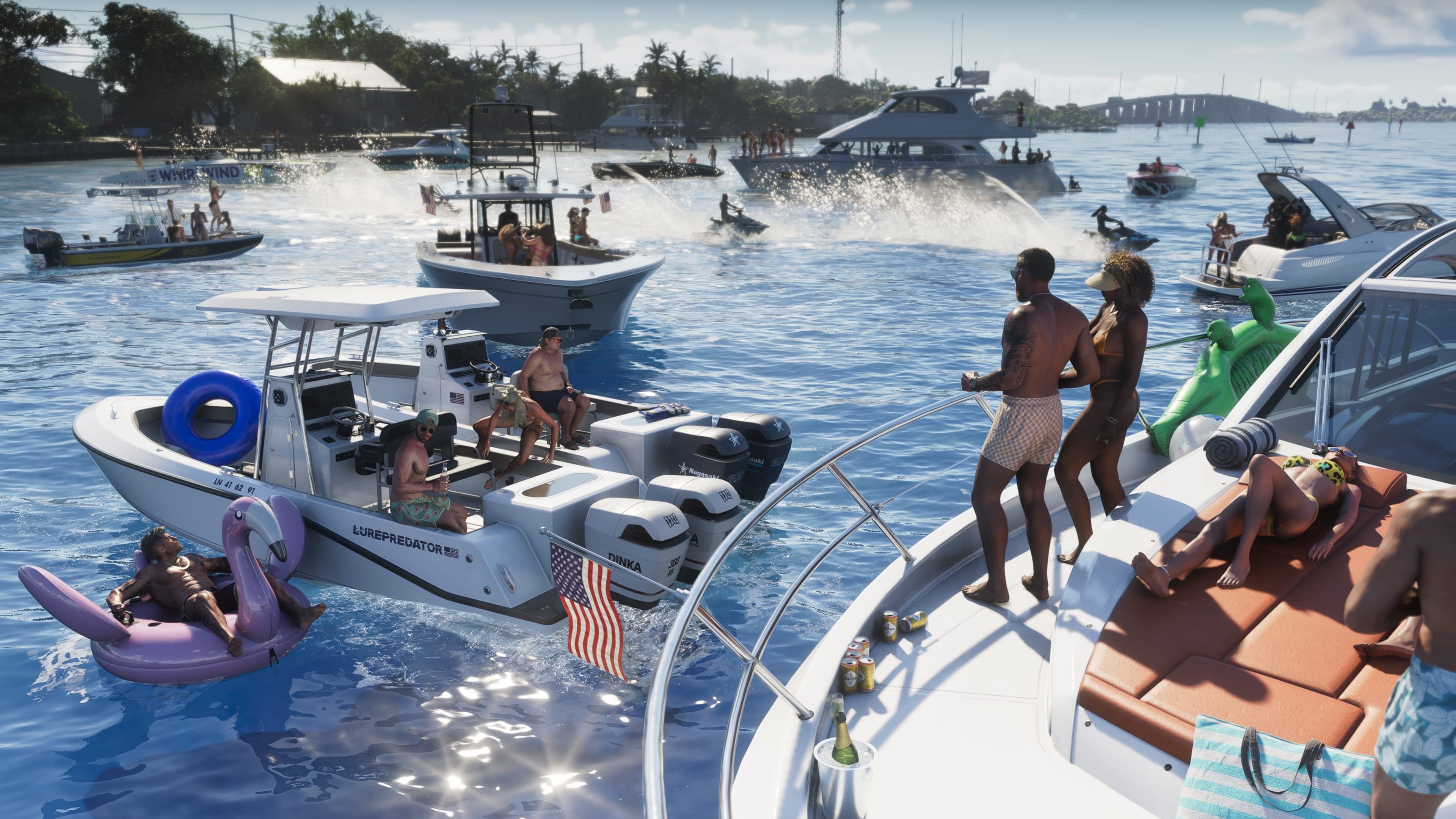 Speedboats and boats tied up together in clear water, with people drinking and sunbathing on deck.