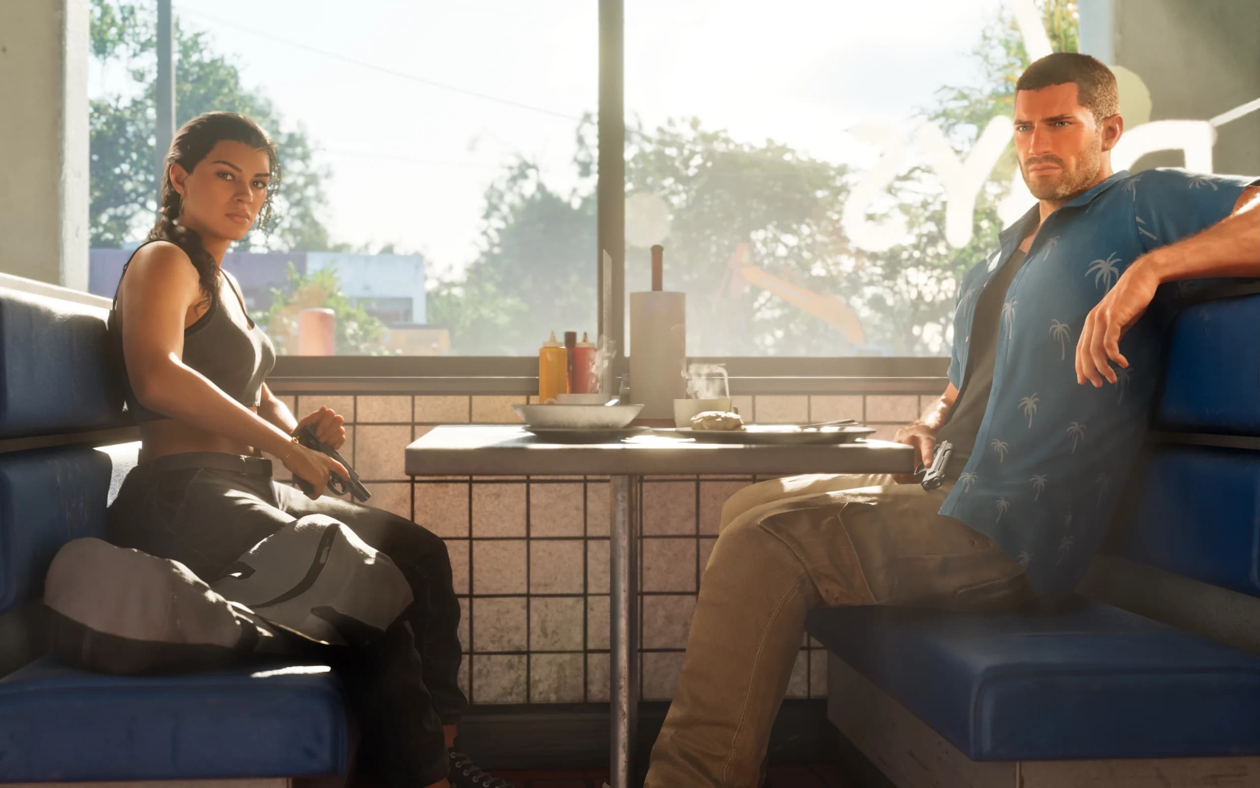 Couple sitting across from each other in a diner booth, each holding a pistol, with daylight coming through the window.