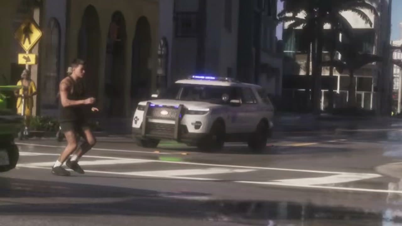 White police SUV with lights on crossing Shore Drive as a pedestrian runs