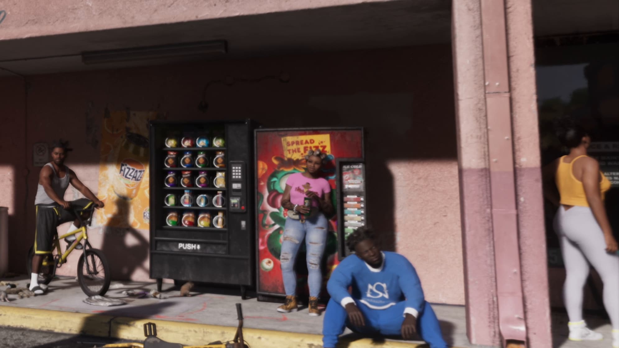 Locals by the vending machines of a Southside store in full sun