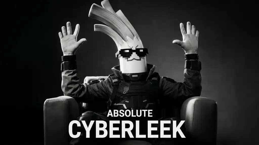 Figura con cabeza de puerro y gafas pixeladas, sentada en un sillón con las manos en alto, sobre el texto «Absolute Cyberleek».