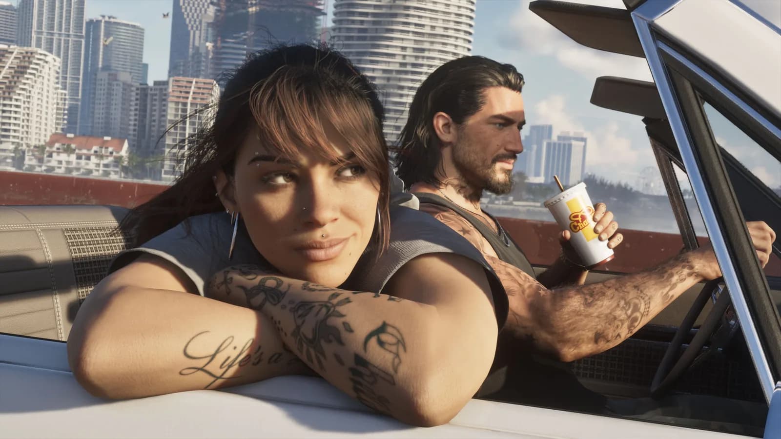 Jason and Lucia in a convertible in Vice City