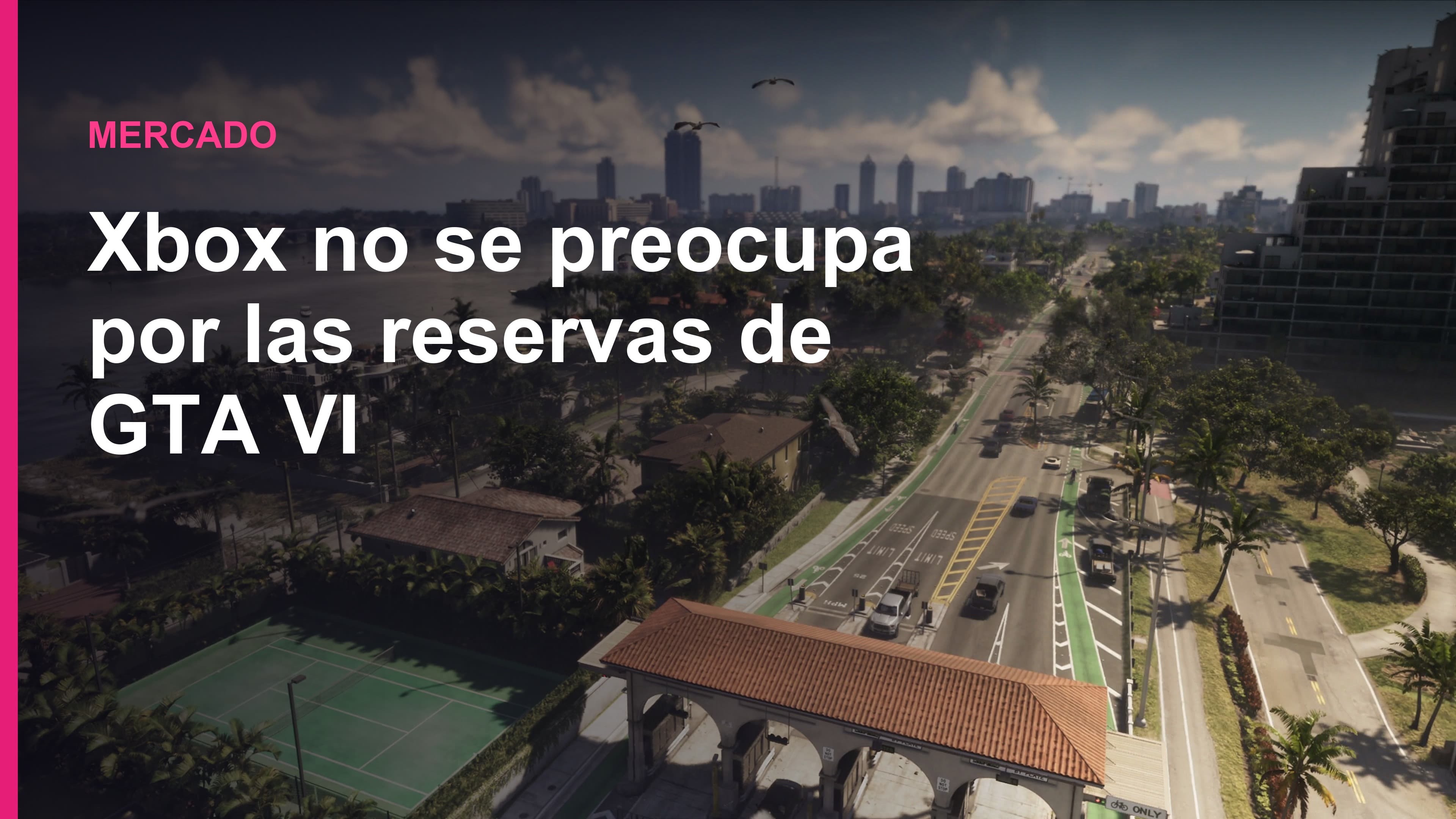 Vista aérea oficial de una autopista costera de Vice City en GTA VI, con el titular Xbox no se preocupa por las reservas de GTA VI superpuesto.