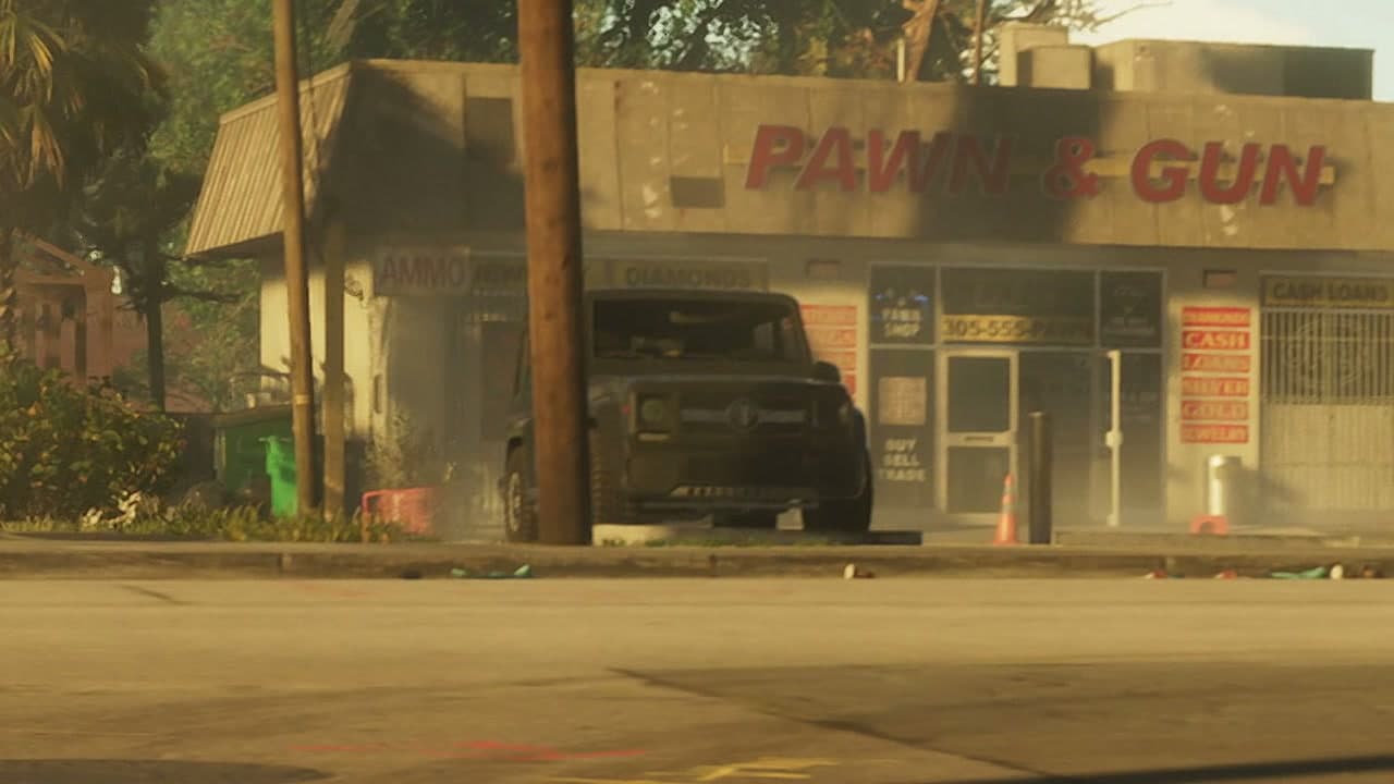 Todoterreno negro aparcado ante la casa de empeños Pawn & Gun de Port Gellhorn, en el tráiler 1 de GTA VI