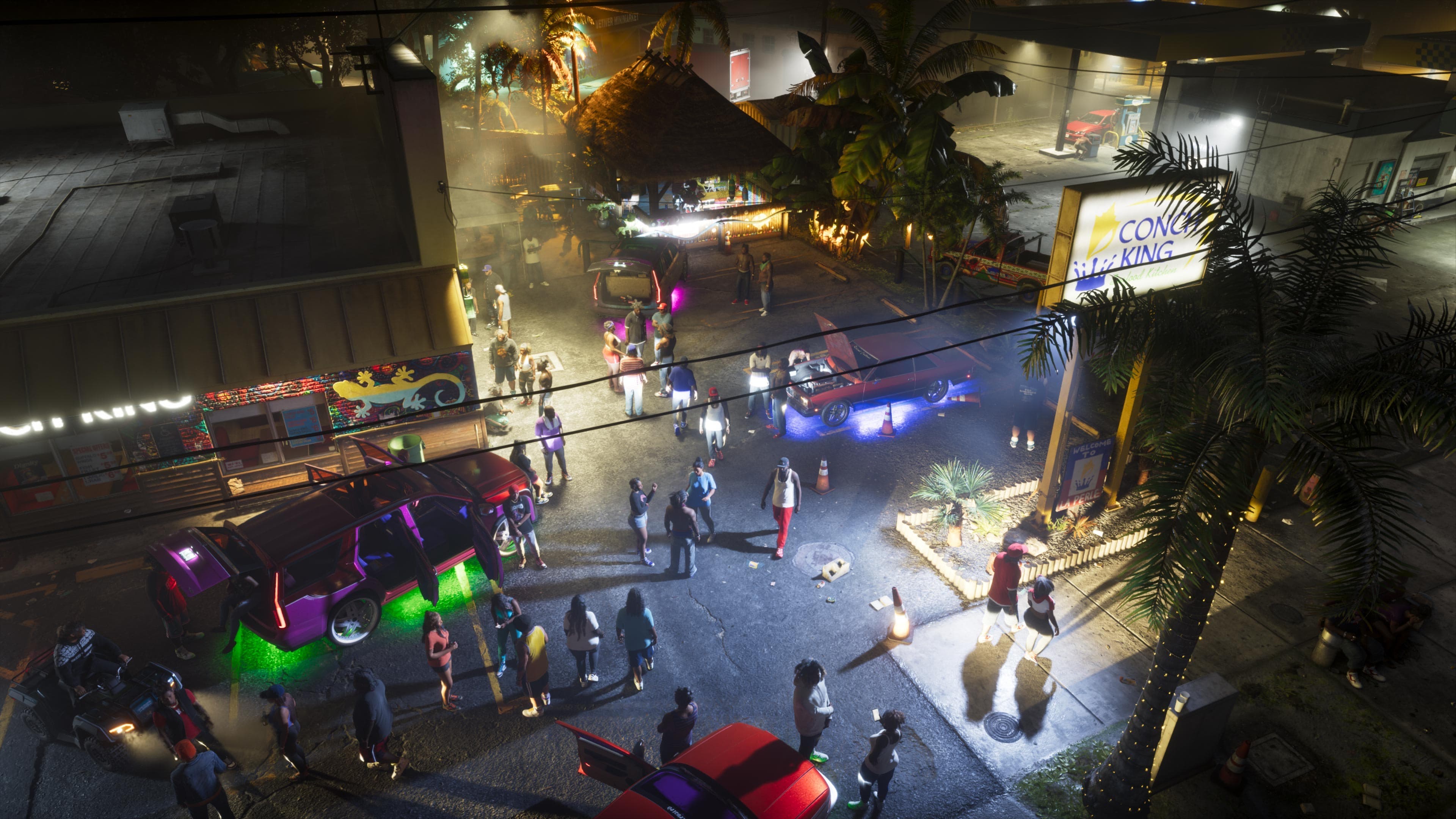Night party with neon-lit cars in the Conch King parking lot in GTA VI