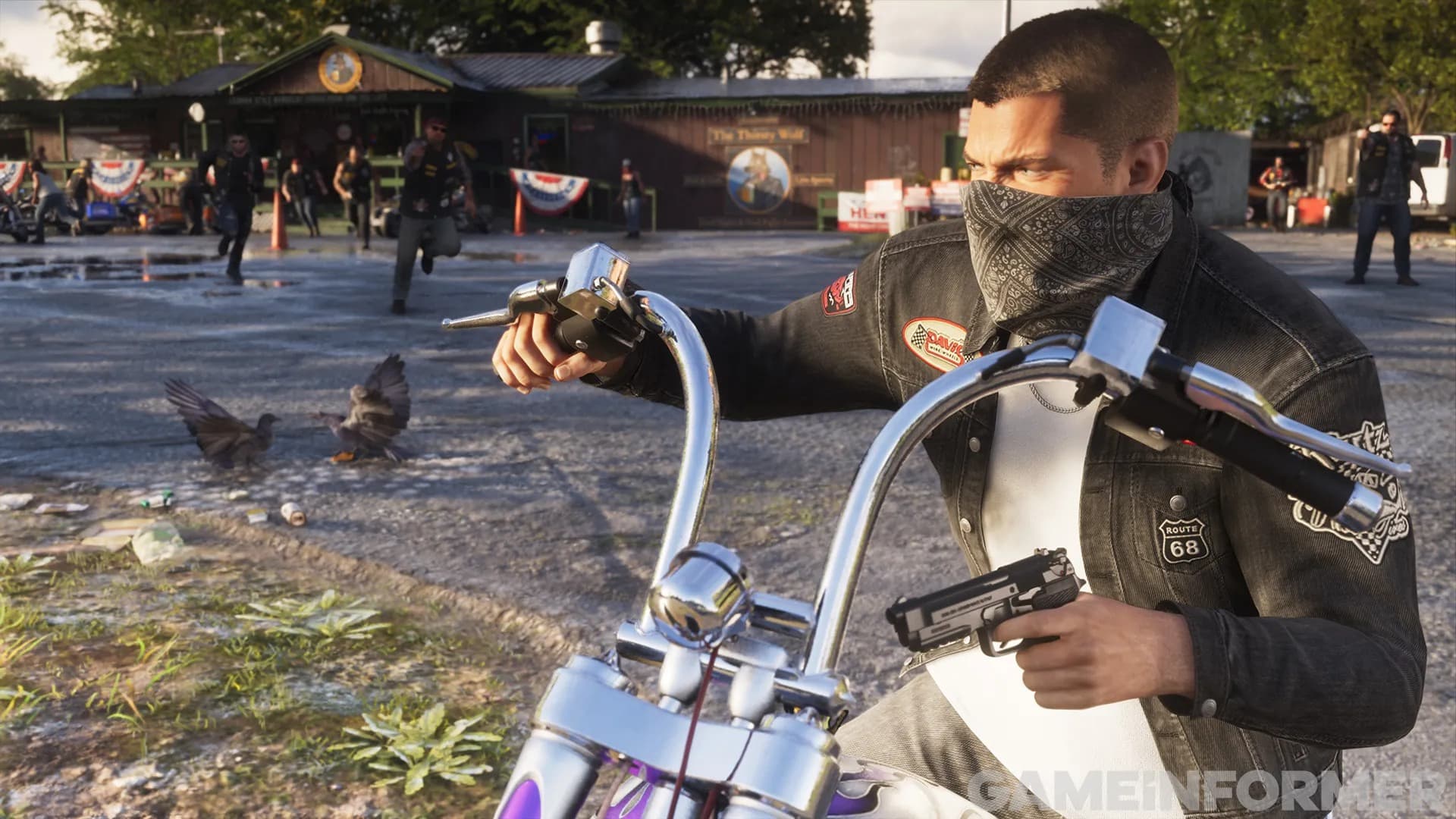 Jason with a bandana and pistol on a chopper outside The Thirsty Wolf bar, with bikers running toward him