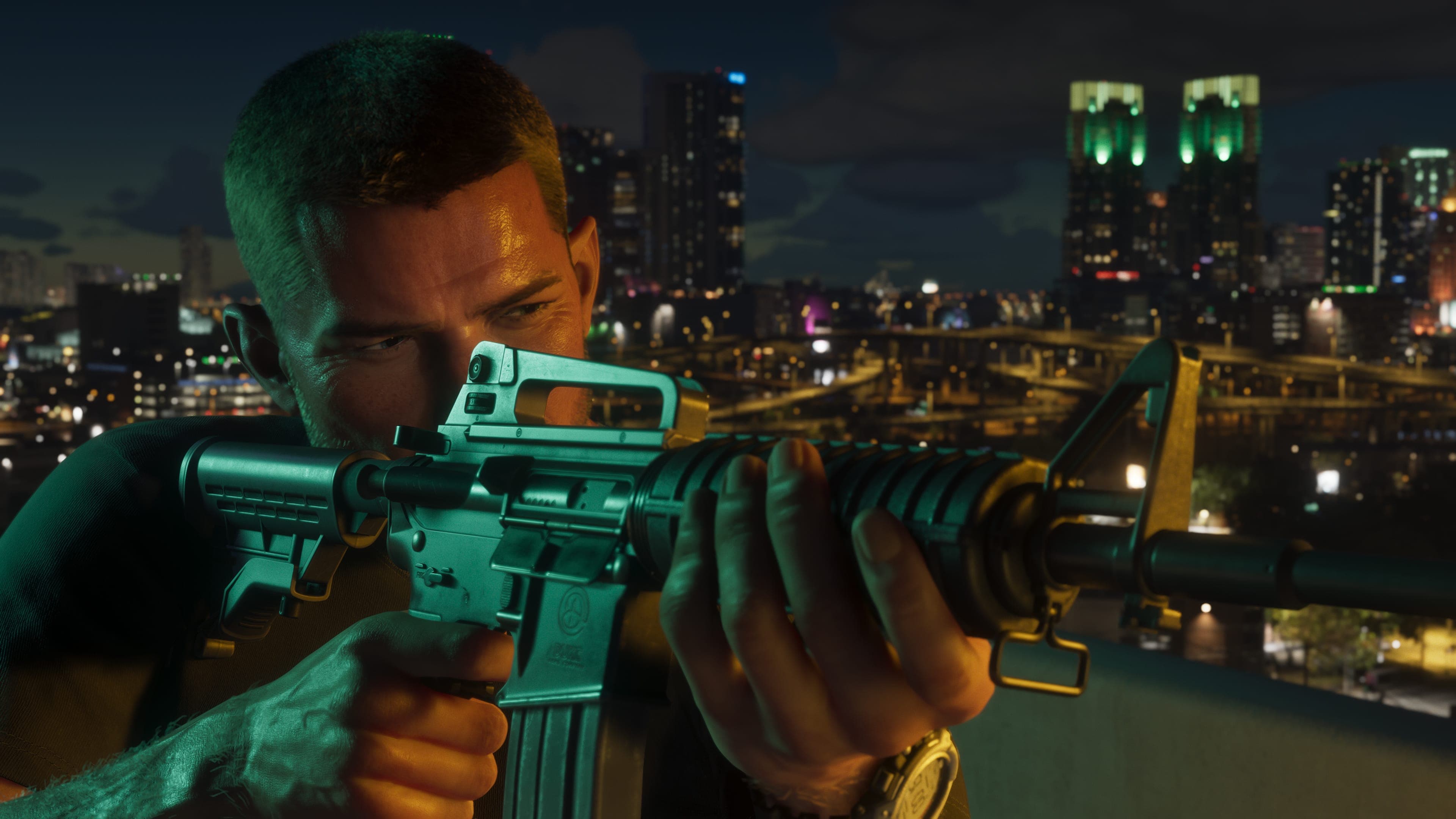 Jason aims an assault rifle at night, with the city's illuminated skyscrapers in the background.