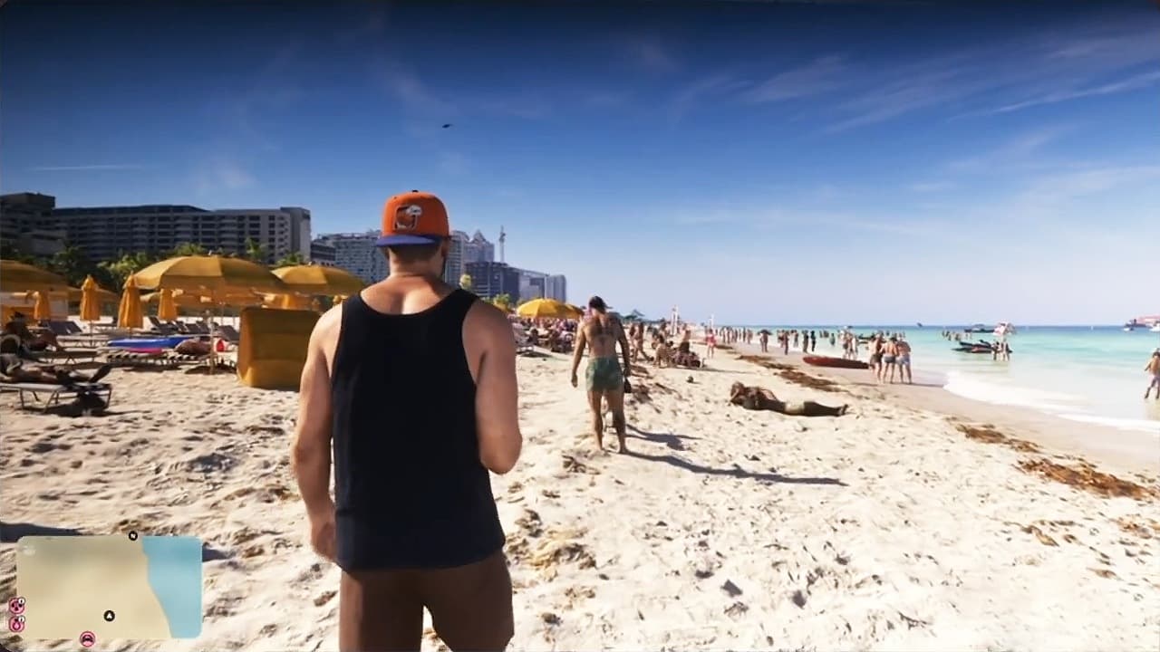 Frame from the GTA VI gameplay aired on South Park: Jason walks along a crowded Vice City beach.
