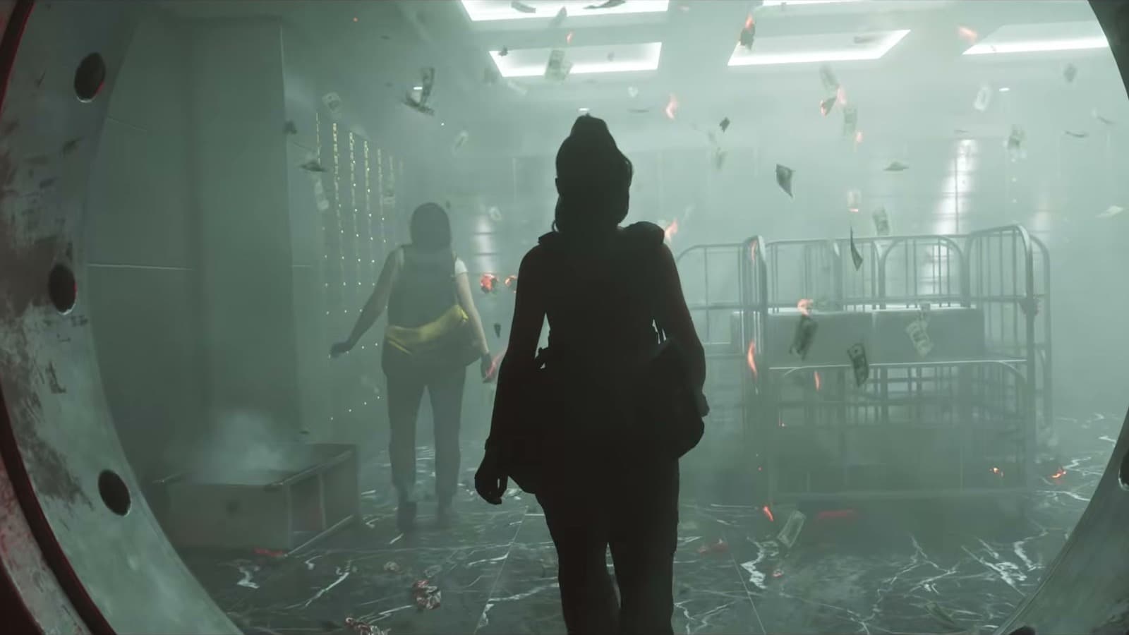 View through an open round vault door: two women walk into a smoke-filled vault as banknotes fly.