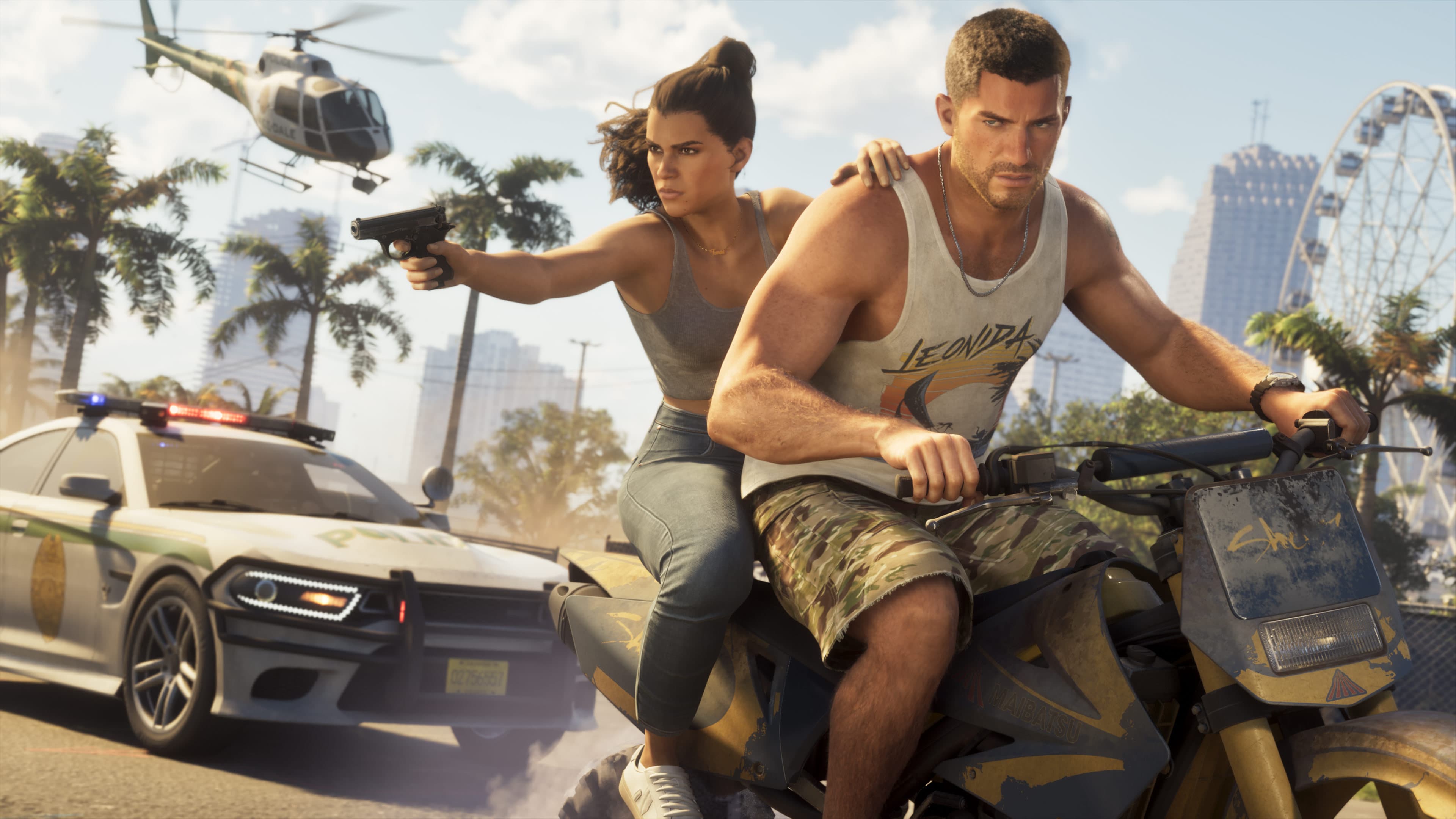 Lucia, riding behind Jason on a motorbike, aims a pistol; behind them are a police car, a helicopter, palm trees and a Ferris wheel.