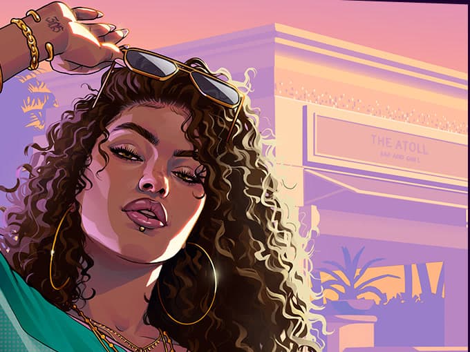 Woman with sunglasses on her head in front of The Atoll Bar and Grill facade