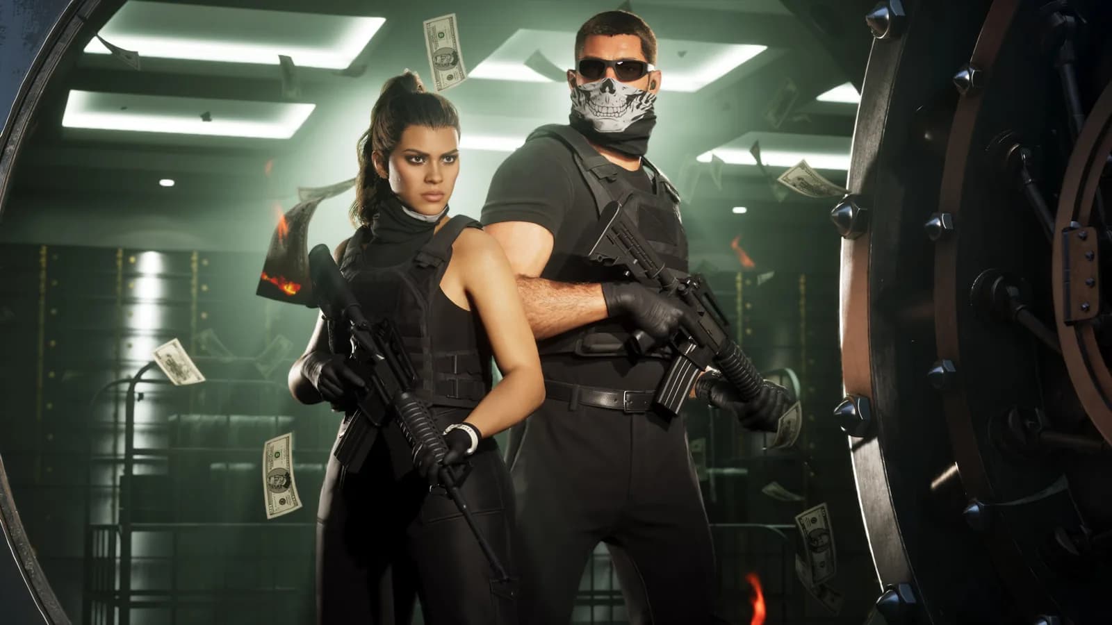 Jason and Lucia armed beside a safe
