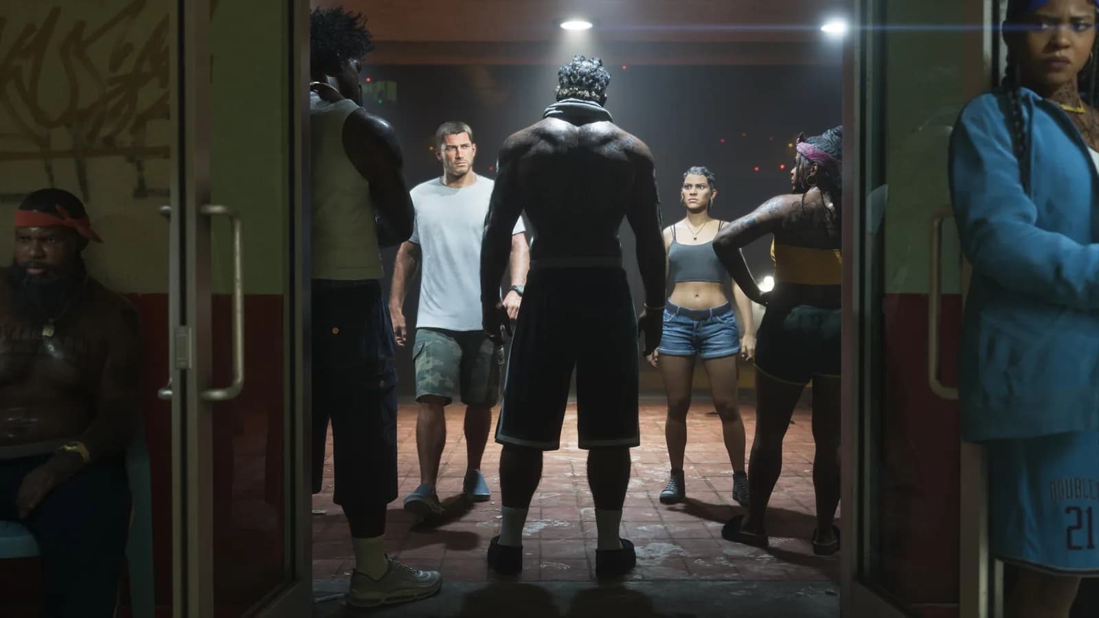 Jason and Lucia facing a group inside a Vice City venue