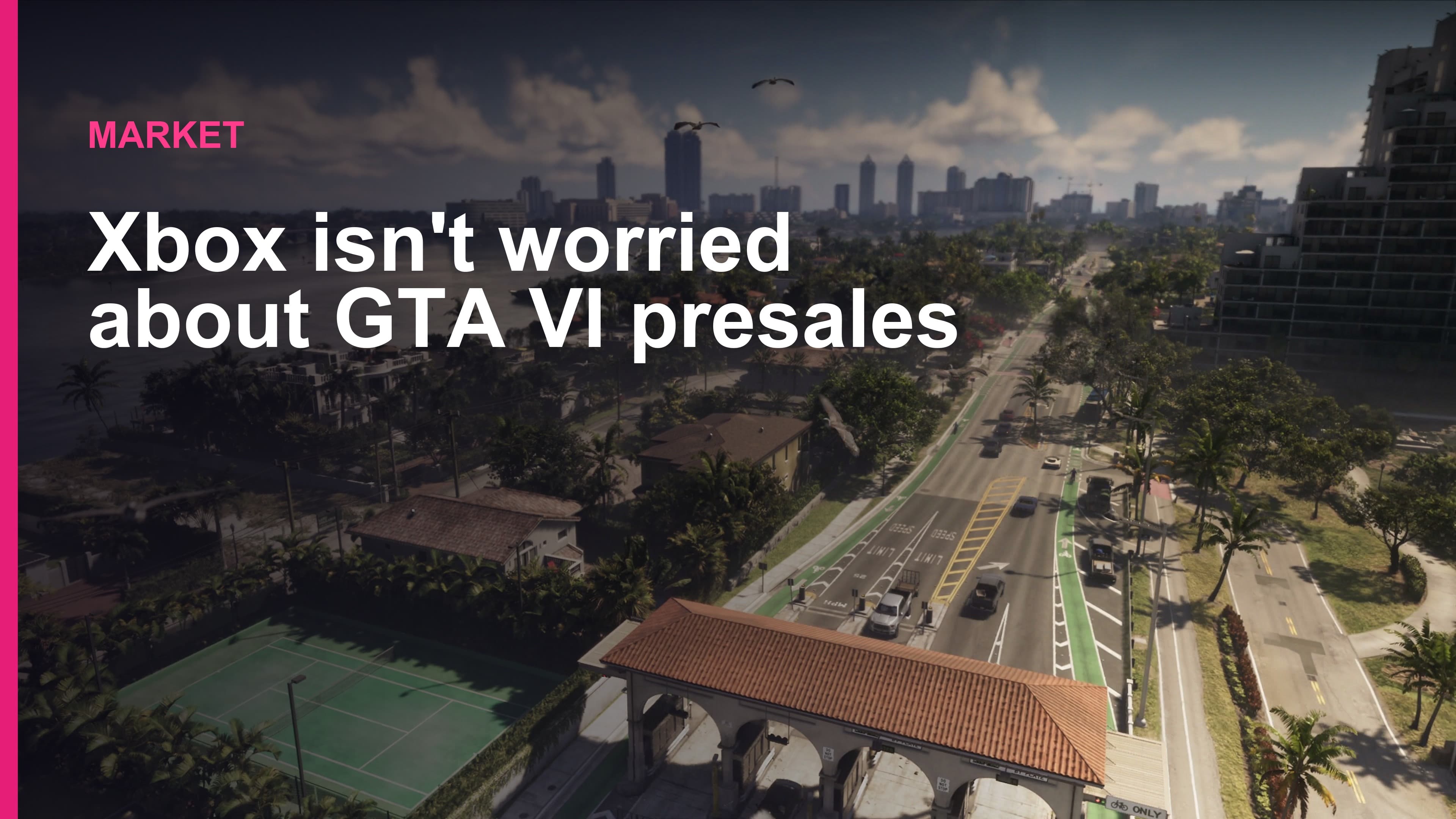 Official aerial view of a Vice City coastal highway in GTA VI, with the headline Xbox isn't worried about GTA VI presales overlaid.