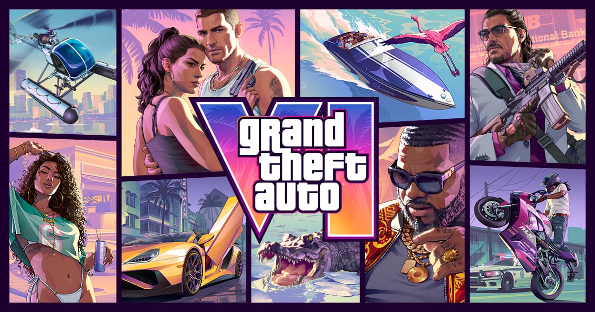 Official Grand Theft Auto VI collage featuring the game logo, vehicles, and scenes from Leonida.