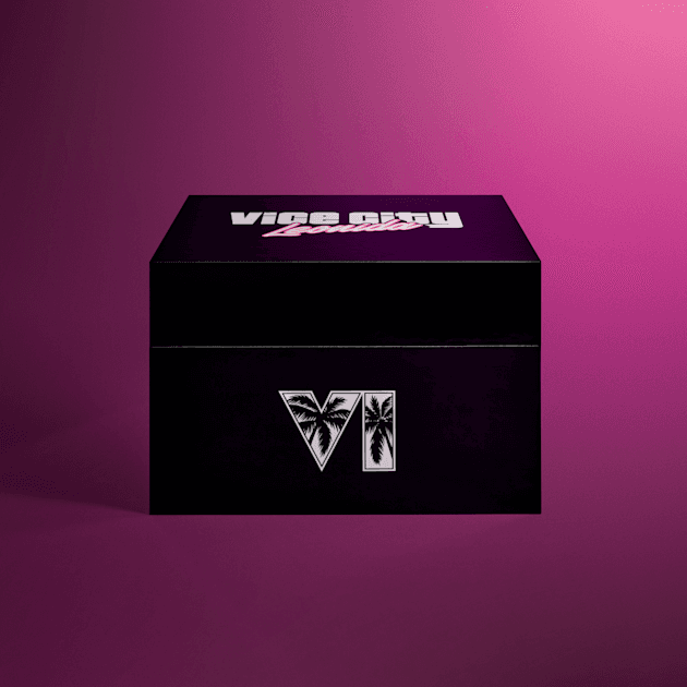 Caja oficial The Goodtime State, Vice City Collection de GTA VI, con arte de Macca the Gator y productos de colección.