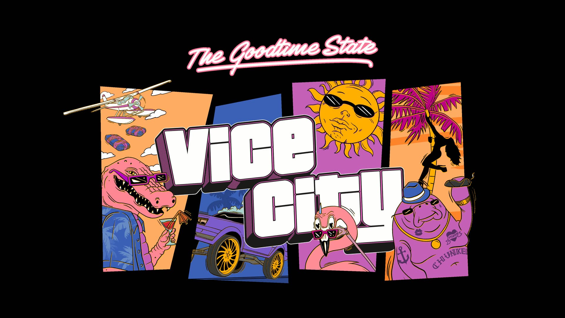 Official The Goodtime State artwork with the Vice City logo surrounded by Macca the Gator holding a martini, a purple lowrider, a sun in sunglasses, a flamingo and Chunkee the Manatee.