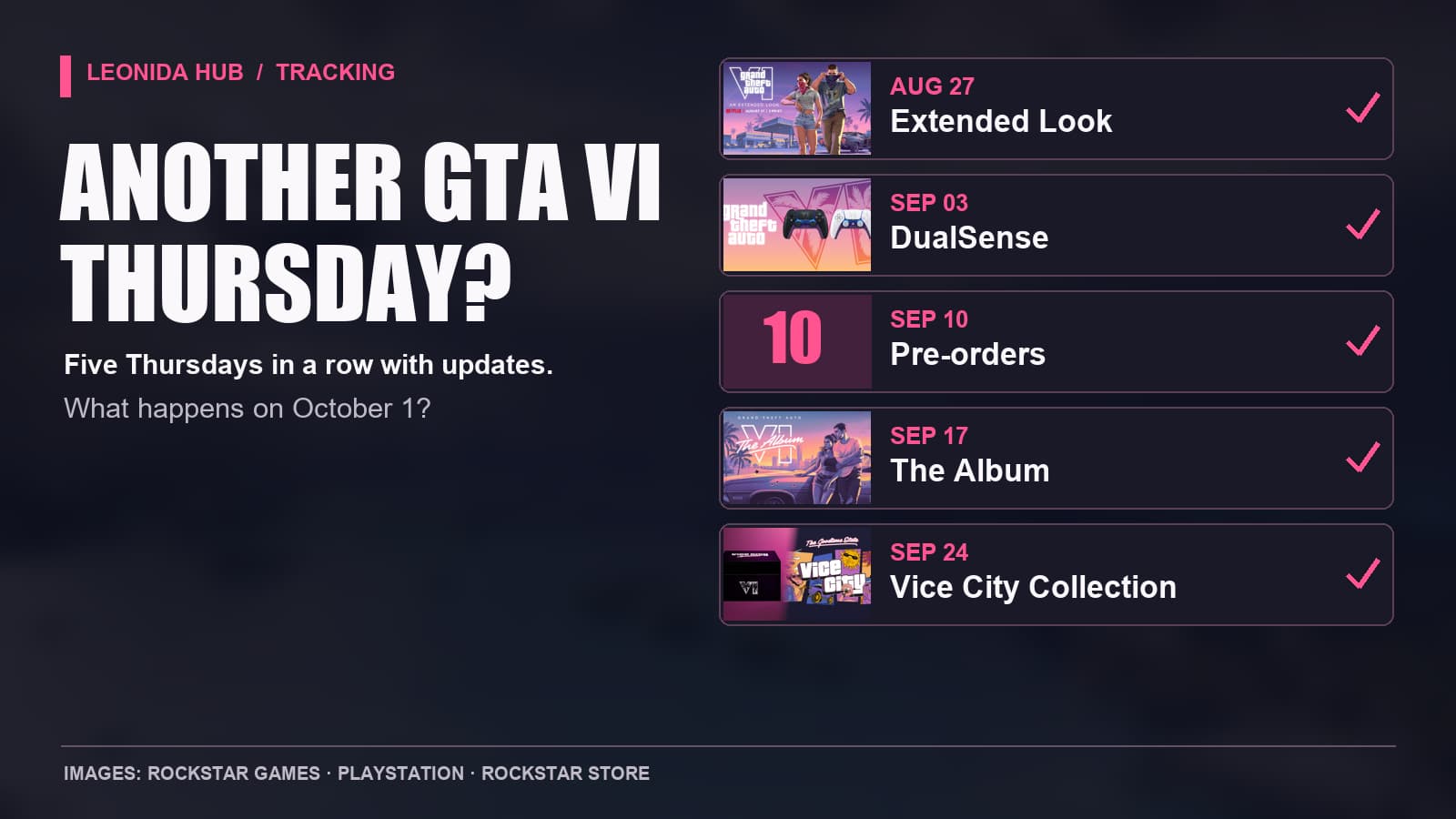 English GTA VI Thursday timeline: Extended Look, DualSense controllers and pre-orders, the album, and the Vice City collection.